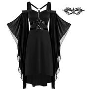 HBWHNIU Abito Gotico da Donna, Vestito Medievale, con Maschera Occhi in Pizzo Nero, Maniche a Farfalla Spalle Scoperte Abito Nero, Costume per Cosplay, Carnevale, Halloween (XL)