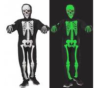 HBWHNIU Costume Scheletro per Bambini, Tuta Scheletro per Bambino con Copricapo e Guanti, Tuta Teschio Luminosa, Abbigliamento con Teschio Fluorescente, Bambini Vestito per Halloween Carnevale (M)