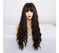 HBYLEE - Parrucche lunghe onde d'acqua sintetiche con frangia parrucche marrone scuro ricci naturali per le donne Cosplay parrucche in fibra resistente al calore lc222-2[colore:lc222-2]
