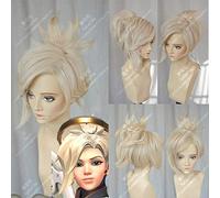 HBYLEE - Per cosplay Angela Mercy Short Lino Biondo Chip Coda di Cavallo Resistente al Calore Cosplay Parrucca Game OW