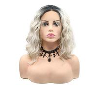 HBYLEE - Per cosplay White Blonde Wig with Dark Roots Synthetic Hair Curly Wave Short Bob Lace Ombre Wigs for Women Drag Queen Summer Hair 14 inch