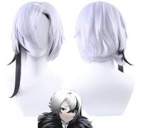 HBYLEE Wig Anime Cosplay Anime Genshin Impact Cosplay Parrucca Arlecchino Bianco Nero Parrucche corte a treccia, gioco di ruolo, Halloween Party Parrucca + cappuccio [Colore: One Color]