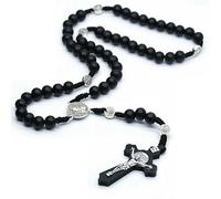 HCAXKFMMXU Collana religiosa in legno nero con ciondolo a forma di croce, rosario, con Gesù San Benedetto, collana lunga con perline per uomo e donna
