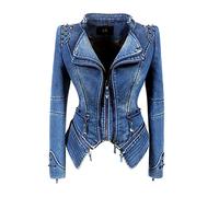 Hcclijo Giacca A Vento Da Moto Con Cerniera Corta Da Donna In Denim Con Rivetto Punk Blue M