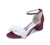 HCDZF Sandali da Donna in Raso con Perle e Tacco a Blocco, Scarpe da Sera con Cinturino alla Caviglia, Sandali da Sposa per Matrimonio, per Party serali e Lavoro d'Affari,Burgundy,36 EU