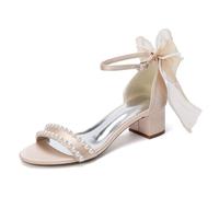 HCDZF Sandali da Donna in Raso con Perle e Tacco a Blocco, Scarpe da Sera con Cinturino alla Caviglia, Sandali da Sposa per Matrimonio, per Party serali e Lavoro d'Affari