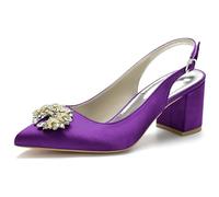 HCDZF Scarpe da Sposa Eleganti da Donna Tacco Grosso con Strass Slingback Punta a Punta in Raso Scarpe da Sera,Viola,42 EU
