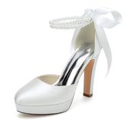 HCDZF Scarpe da Sposa in Raso da Donna con Zeppa e Tacco Alto con Cinturino alla Caviglia con Perle, Décolleté da Sposa per Sposa, Damigella e Festa Serale,Avorio,38 EU