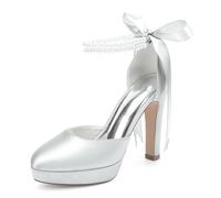 HCDZF Scarpe da Sposa in Raso da Donna con Zeppa e Tacco Alto con Cinturino alla Caviglia con Perle, Décolleté da Sposa per Sposa, Damigella e Festa Serale,Argento,43 EU