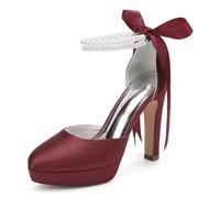 HCDZF Scarpe da Sposa in Raso da Donna con Zeppa e Tacco Alto con Cinturino alla Caviglia con Perle, Décolleté da Sposa per Sposa, Damigella e Festa Serale,Burgundy,38 EU