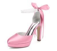 HCDZF Scarpe da Sposa in Raso da Donna con Zeppa e Tacco Alto con Cinturino alla Caviglia con Perle, Décolleté da Sposa per Sposa, Damigella e Festa Serale,Rosa,36 EU