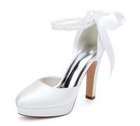 HCDZF Scarpe da Sposa in Raso da Donna con Zeppa e Tacco Alto con Cinturino alla Caviglia con Perle, Décolleté da Sposa per Sposa, Damigella e Festa Serale,Bianca,40 EU