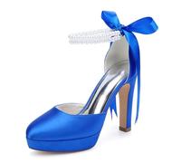 HCDZF Scarpe da Sposa in Raso da Donna con Zeppa e Tacco Alto con Cinturino alla Caviglia con Perle, Décolleté da Sposa per Sposa, Damigella e Festa Serale,Blu,35 EU