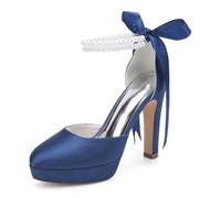 HCDZF Scarpe da Sposa in Raso da Donna con Zeppa e Tacco Alto con Cinturino alla Caviglia con Perle, Décolleté da Sposa per Sposa, Damigella e Festa Serale,Dark Blue,43 EU