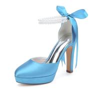 HCDZF Scarpe da Sposa in Raso da Donna con Zeppa e Tacco Alto con Cinturino alla Caviglia con Perle, Décolleté da Sposa per Sposa, Damigella e Festa Serale,Sky Blue,40 EU