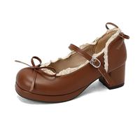 HCDZF Scarpe Mary Jane da Donna con rifinitura in Pizzo - Décolleté Platform Vintage Stile Cottagecore con Fiocco, Punta Tonda, Scarpe Lolita per Tea Party, Scuola, Cosplay,Marrone,43 EU