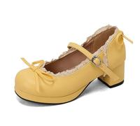 HCDZF Scarpe Mary Jane da Donna con rifinitura in Pizzo - Décolleté Platform Vintage Stile Cottagecore con Fiocco, Punta Tonda, Scarpe Lolita per Tea Party, Scuola, Cosplay,Giallo,35 EU
