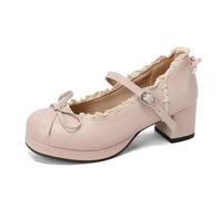 HCDZF Scarpe Mary Jane da Donna con rifinitura in Pizzo - Décolleté Platform Vintage Stile Cottagecore con Fiocco, Punta Tonda, Scarpe Lolita per Tea Party, Scuola, Cosplay,Rosa,37 EU