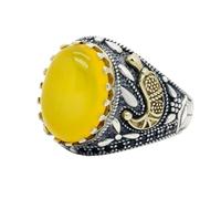 HCGX Anello da uomo in argento 925 con agata gialla e dettagli in spinello nero, gioiello cocktail in stile turco for feste(12)