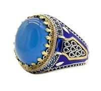 HCGX Anello da uomo in argento 925 con pietra di agata rossa naturale, stile turco, dettagli in smalto e ottone, regalo anniversario fatto a mano(Blue stone,7)