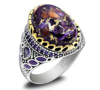 HCGX Anello da uomo in argento 925 con turchese naturale in rame e pietre laterali - incastonatura ovale, anello cocktail turco fatto a mano, 9,82 g(11)