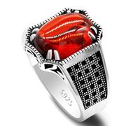 HCGX Anello da uomo in argento S925 di grado AAA con pietra rettangolare rossa - Gioiello turco retrò fatto a mano, regalo(10)