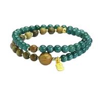 HCGX Bracciale da donna in vera giada - a doppio con perline di giadeite d'acqua blu tipo A legno sandalo verde e ciondolo Fu for buona fortuna Fengshui, 6 mm