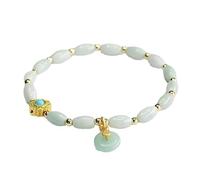 HCGX Bracciale da donna in vera giada - con perline di riso in giadeite verde tipo A ciondolo fibbia della pace for fortuna, ricchezza, gioielli elasticizzati 5 mm for la meditazione, lo yoga