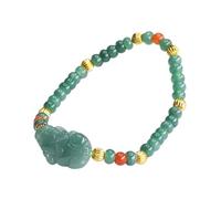 HCGX Bracciale da donna in vera giada - rigido elasticizzato in giadeite Myanmar di tipo A con perline abbaco 5 mm e ciondolo PiXiu intagliato for la ricchezza