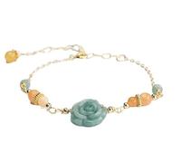 HCGX Bracciale in vera giada da donna - Tipo A a catena regolabile con fiori di peonia e giadeite d'acqua blu for buona fortuna, ricchezza Fengshui, 16x5 mm