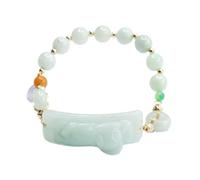 HCGX Bracciale in vera giada for donna - Gioielli in giadeite Myanmar di grado A con intagli Pixiu e fibbia della pace, braccialetto elastico perline Energy Fengshui, verde sfumato 8 mm