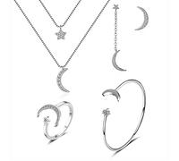 HCMA 925 Argento Luna e Stella Collana Bracciale Anelli Orecchini Gioielli da Sposa Set con Micro zirconi per Le Donne Set di Gioielli per la Festa di Nozze