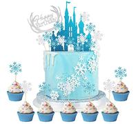 HCRXVV Decorazione per Torta con Castello per Ragazze, Decorazione per Compleanno con Glitter Frozen e Fiocco di Neve, Cupcake Topper in Argento e Blu Ghiaccio per Bambini, Decorazioni Natalizie per