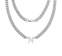 Hcvone Collana a catena cubana robusta in argento per uomini e ragazzi, lunghezza 45,7 cm, con lettere dalla A alla Z, per papà, figlio, fratello, 46, Acciaio inossidabile, Nessuna pietra preziosa