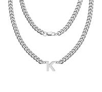 Hcvone Collana a catena cubana robusta in argento per uomini e ragazzi, lunghezza 45,7 cm, con lettere dalla A alla Z, per papà, figlio, fratello, 46, Acciaio inossidabile, Nessuna pietra preziosa