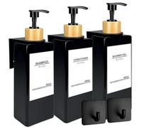 HCYWOC 3 Pezzi Dispenser Sapone Bagno A Muro, 500ml Dispenser Doccia Muro, Dosatore Sapone Bagno Senza Foratura, Dispenser Sapone Doccia con 32 Etichette Impermeabili per Bagno, Cucina, Bambù Nero