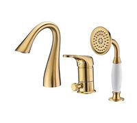 HCZKIUJY Rubinetto per Vasca Classico Romano con doccetta, Rubinetto per Vasca da Bagno a 3 Fori, Rubinetto per Vasca da Bagno Montato sul Ponte, Rubinetto per Bagno in Ottone(Gold)
