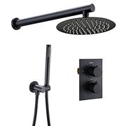 HCZKIUJY Set doccia termostatico a scomparsa, con doccetta portatile e soffione doccia rotondo, kit combinato per montaggio a parete vasca e doccia (nero opaco, 20 cm)