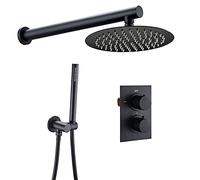 HCZKIUJY Set doccia termostatico a scomparsa, con doccetta portatile e soffione doccia rotondo, kit combinato per montaggio a parete vasca e doccia, nero opaco, 25 cm