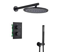 HCZKIUJY Sistema doccia termostatico a pioggia con doccia rotonda a pioggia e doccetta a mano, set combinato doccia in ottone nero (25,4 cm)