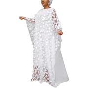 HD Afircan Donne Applique Fiore Vestito Barca Collo Caftano Chiffon Abito Taglia Unica - Bianco - Taglia Unica