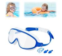 HD Children's Large Frame Waterproof and Anti-fog Swimming Goggles,Kids Swim Goggles with Nose Cover (White Blue Transparent)