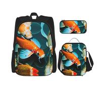 Hd Koi Fish Zaino leggero per zaino con borsa termica per il pranzo e astuccio set, nero, Taglia unica
