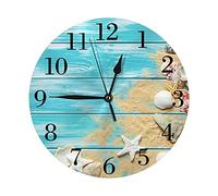 Hdadwy Conchiglie di mare Tavola di legno Sfondo Estate Orologio da parete Orologio a batteria silenzioso Orologio rotondo Decorazione da parete per casa, ufficio, scuola 9,8 pollici