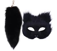 HDBHSBE Maschera per gatti e set di coda Therian Furry Fox Mask ＆ 16 '' Tornario a mezza topi a coda lunga volto per il cosplay Fancy Party Black Furry