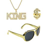 HDFHDF 3 pezzi Gold Digger Costume da 80 marce, collana King Vintage Rap occhiali da sole L'anello del dollaro tuta cantante hip hop accessori Halloween Carnevale gioco di ruolo per feste a tema uomo