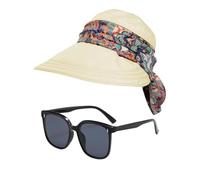 HDGSAFD 1 cappello da donna, 1 paio di occhiali da sole, cappello da sole da donna con protezione per il collo, cappello da sole pieghevole da donna, beige., S/M
