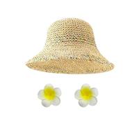 HDGSAFD 1 Cappello Di Paglia Di Estate E 2 Pezzi Di Frangipani Headwear, Hollow Tessuto Cappello Da Spiaggia, Grande Cappello Da Sole A Tesa, Accessori Per Le Vacanze All'Aperto.