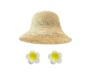 HDGSAFD 1 Cappello Di Paglia Di Estate E 2 Pezzi Di Frangipani Headwear, Hollow Tessuto Cappello Da Spiaggia, Grande Cappello Da Sole A Tesa, Accessori Per Le Vacanze All'Aperto.