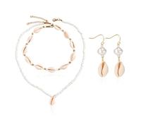 HDGSAFD 1 Collana di Shell E 1 Paio di Orecchini, Collana di Perline A Doppio Strato, Gioielli Elei retrò, Orecchini di Perle, Accessori di Moda per Le Vacanze.